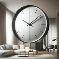 A sleek and minimalist modern wall clock with a clean design, featuring simple markers or dashes and slender hands, against a backdrop of contemporary interior decor, embodying sophisticated simplicity.