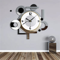 A large, artistically designed wall clock featuring a mix of rustic and contemporary styles, with intricate patterns and motifs on mixed materials, serving as a decorative centerpiece in a stylish interior.